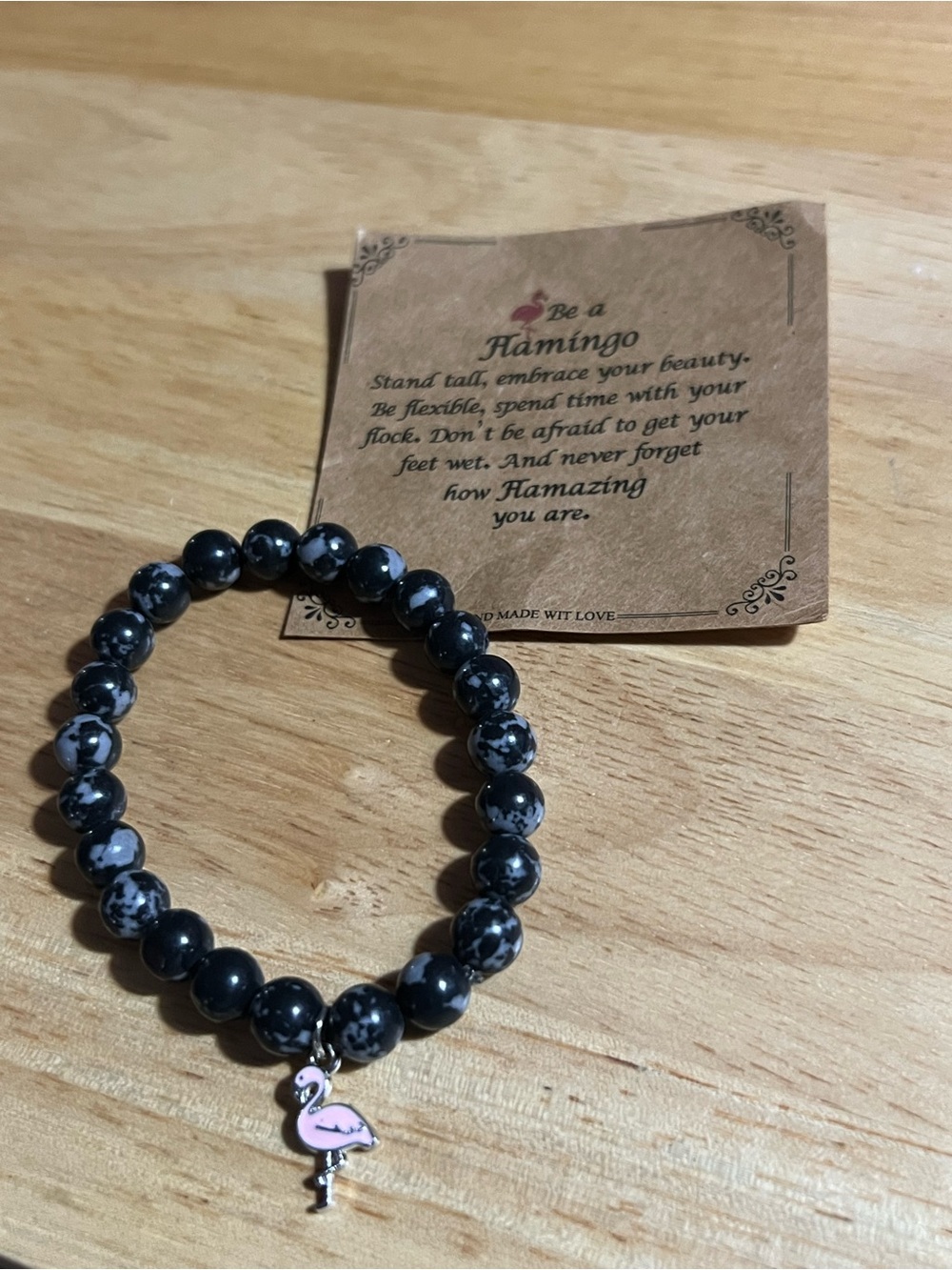 Snowflake Obsidian Stretch Bracelet with Pink Charm B224